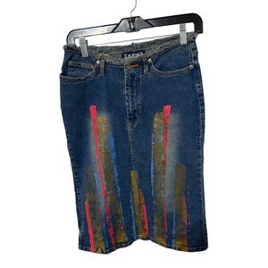 Hi Jeans Vintage Y2K Denim Midi Skirt Blue Painted Glitter Frayed Waist Size 9